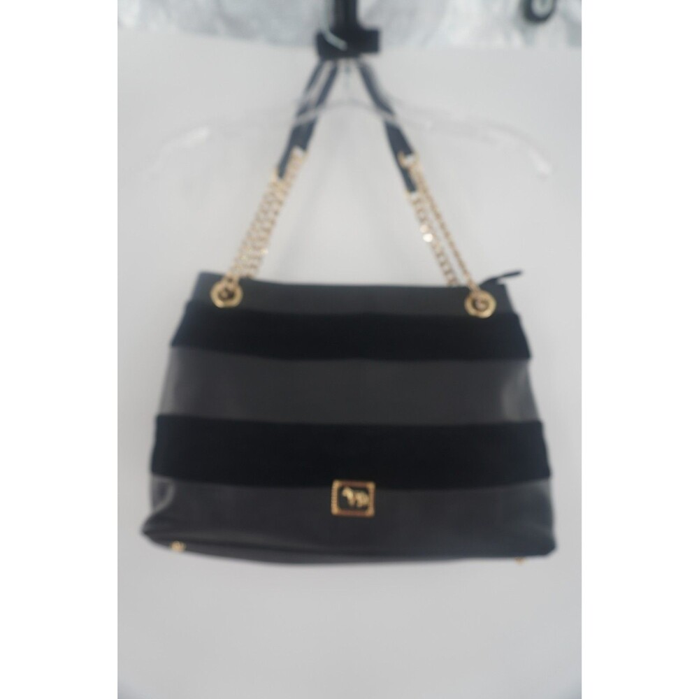 Emma Fox Black Leather & Suede Striped Shoulder Bag Tote Gold Chain Hardware